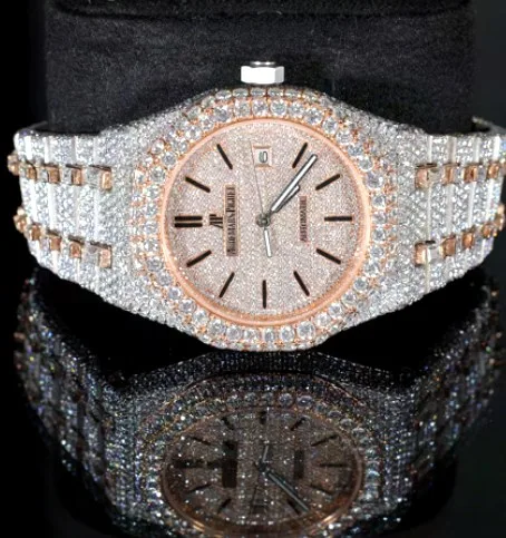 Iced Octagonal Bezel Watch — Rose Accent Baton Dial