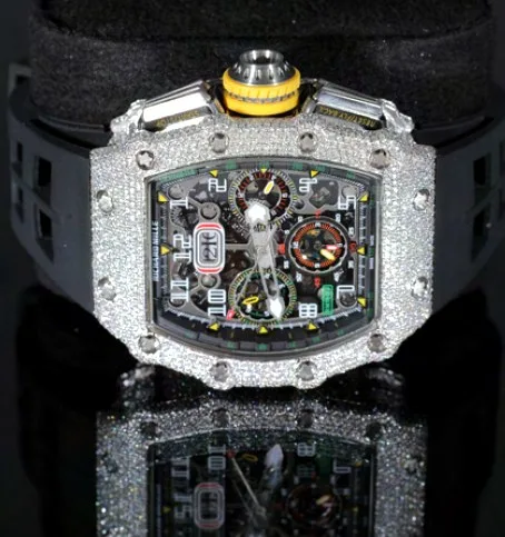 Iced Tonneau Sport Watch — Skeleton Chronograph, Rubber Strap