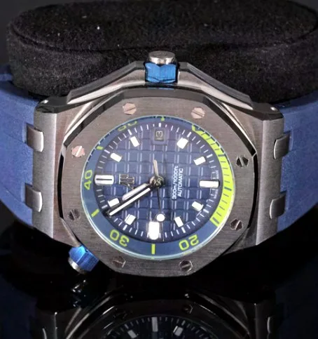Octagonal Dive-Style Watch — Blue Dial, Rubber Strap