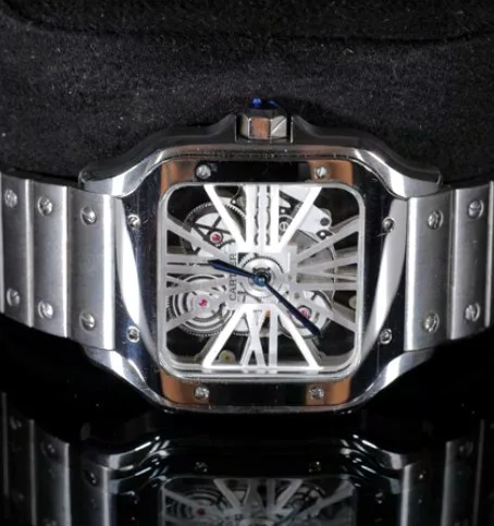 Square Case Watch — Silver Skeleton Roman Dial
