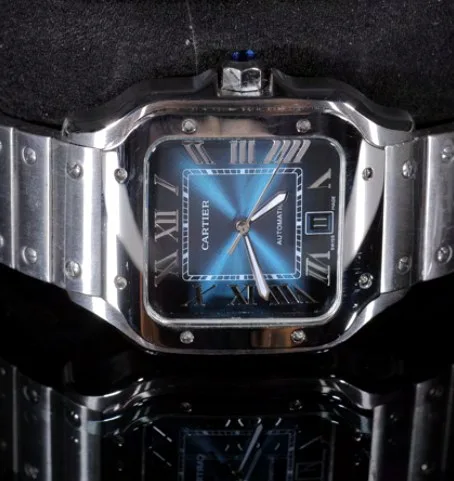 Square Case Watch — Blue Gradient Dial, Steel Bracelet