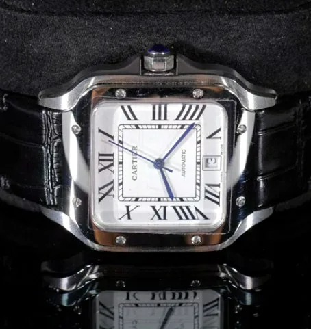 Square Case Watch — White Roman Dial, Black Leather Strap