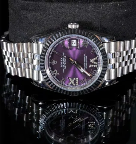 Fluted Bezel Watch — Purple Roman Dial, Silver