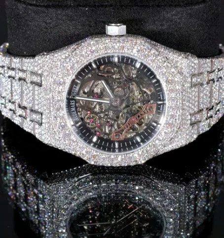 Iced Octagonal Bezel Watch — Black Skeleton Dial