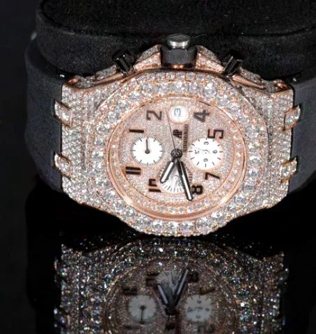 Iced Chronograph Watch — Rubber Strap, Rose Gold