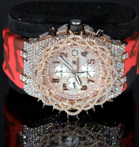 Iced Chronograph Watch — Ornate Bezel, Camo Strap