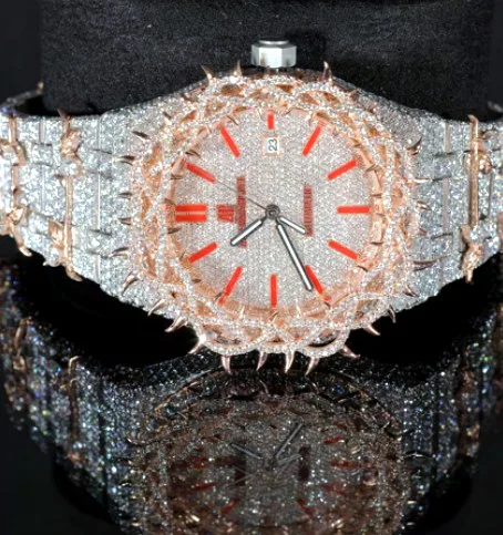 Iced Ornate Bezel Watch — Red Baton Dial