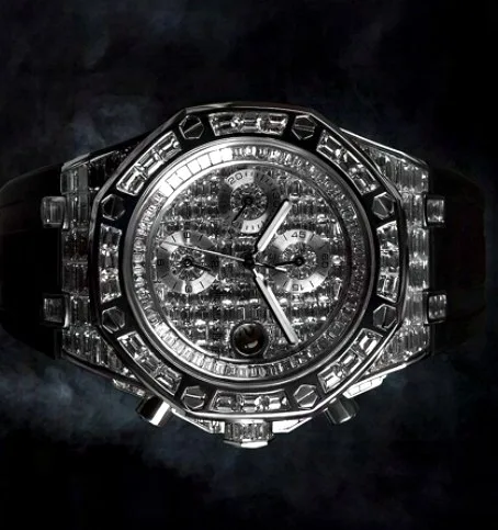 Iced Baguette Bezel Watch — Black Skeleton Dial