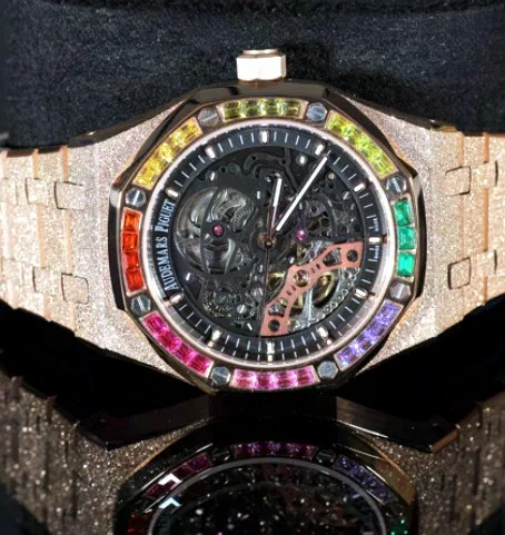 Rainbow Gem-Set Bezel Watch — Frosted Case, Skeleton Dial