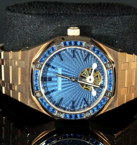Gem-Set Bezel Watch — Rose Gold, Blue Tapisserie Dial