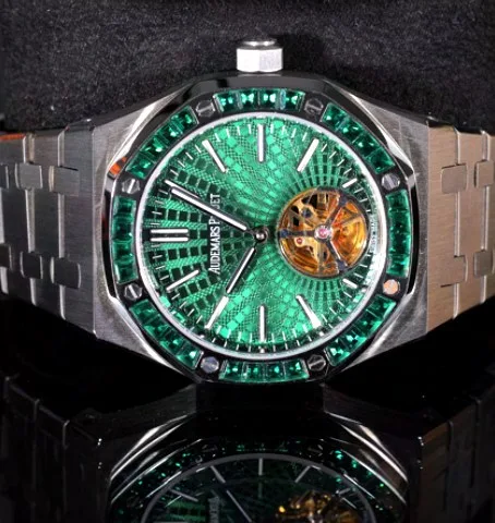 Green Gem-Set Bezel Watch — Green Pattern Dial, Open Balance