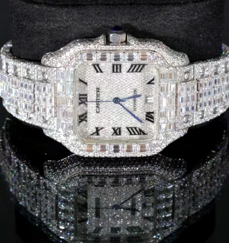 Iced Square Case Watch — Silver, Roman Dial