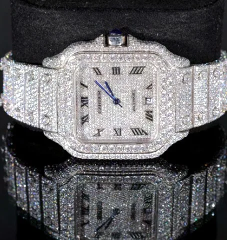 Iced Square Case Watch — Compact Silver, Roman Dial
