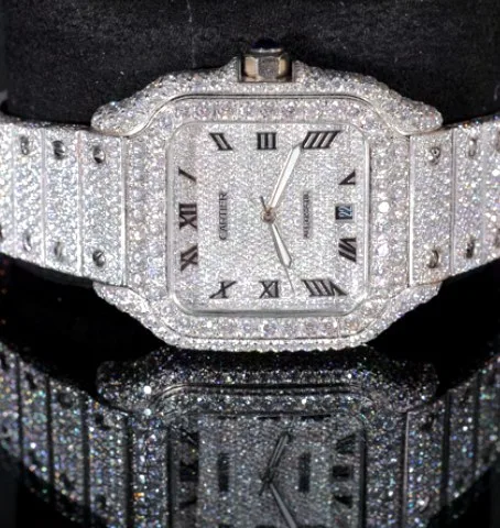 Iced Square Case Watch — Polished Silver, Roman Dial