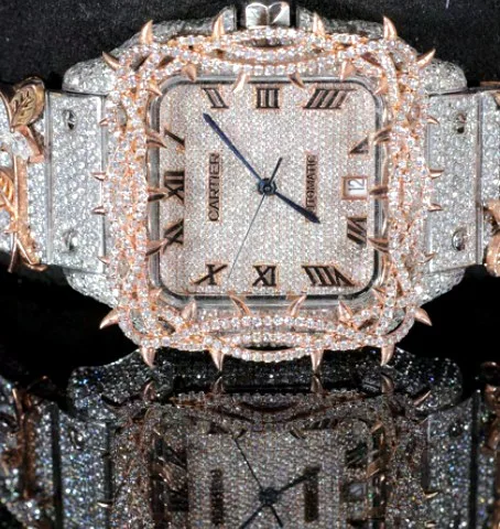 Iced Square Case Watch — Rose Gold Ornate Bezel