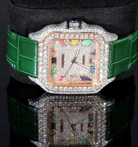 Iced Square Case Watch — Rose Gold, Green Leather Strap