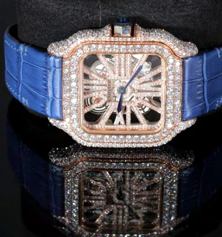 Iced Square Case Watch — Rose Gold Skeleton, Blue Leather Strap