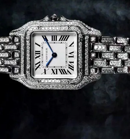 Stone-Set Panther-Style Watch — White Roman Dial