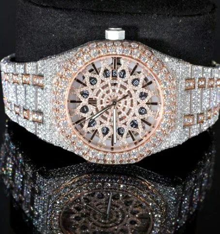 Iced Octagonal Bezel Watch — Rose Gold Ornate Pattern Dial