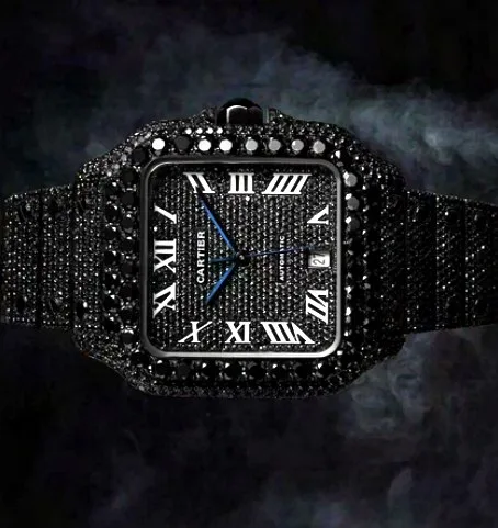 Black Iced Square Case Watch — Black Roman Dial