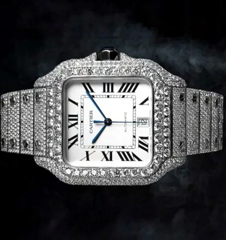 Iced Square Case Watch — White Roman Dial, Date