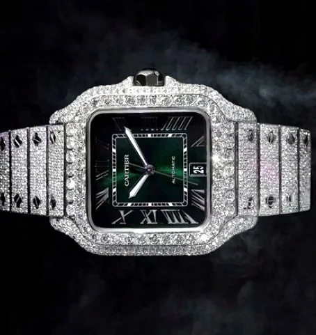 Iced Square Case Watch — Green Dial