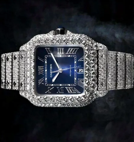 Iced Square Case Watch — Blue Roman Dial, Ornate Bezel
