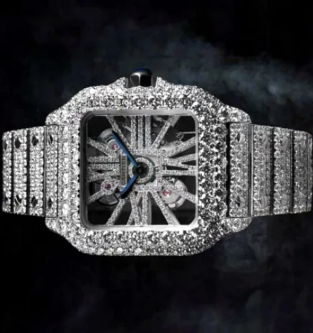 Iced Square Case Watch — Silver Skeleton Dial