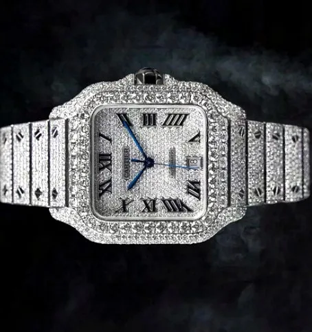 Iced Square Case Watch — Pavé Roman Dial, Brushed Bracelet