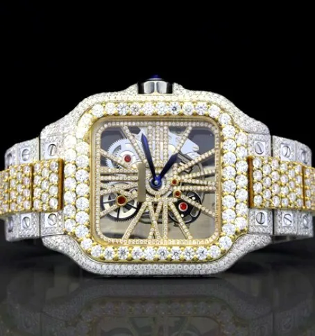 Iced Square Case Watch — Gold Skeleton Dial