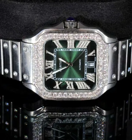 Square Case Watch — Green Dial, Stone-Set Bezel