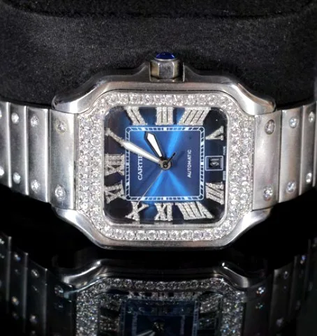 Square Case Watch — Blue Roman Dial, Stone-Set Bezel