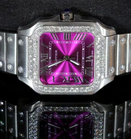 Square Case Watch — Magenta Dial, Stone-Set Bezel
