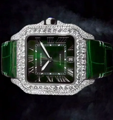 Square Case Watch — Green Dial, Green Leather Strap