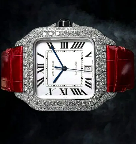 Square Case Watch — White Roman Dial, Red Leather Strap