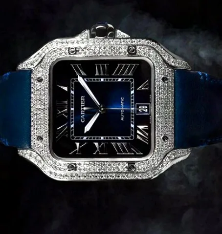 Square Case Watch — Black Dial, Blue Leather Strap