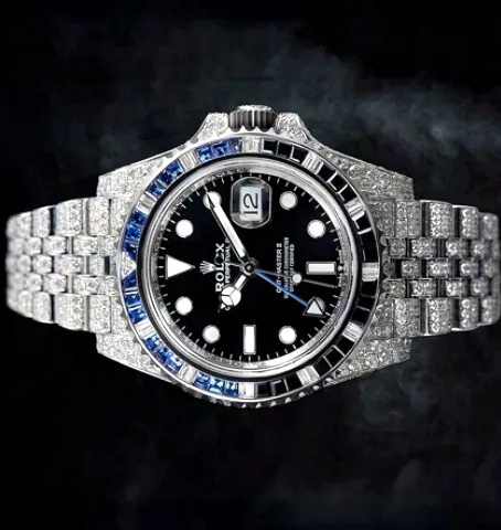 GMT-Style Iced Watch — Black Dial, Blue Baguette Bezel
