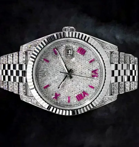 Iced Watch — Fluted Bezel, Pink Stone Markers