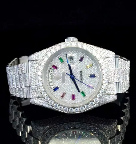 Iced Watch — Pavé Dial, Rainbow Baguette Markers