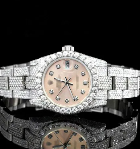 Iced Watch — Pink Pavé Dial, Stone Markers