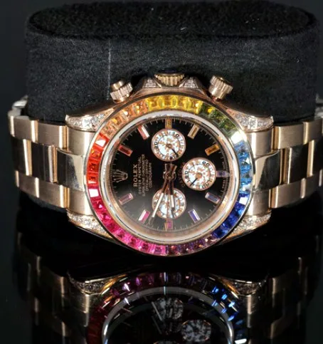 Chronograph Watch — Black Dial, Rainbow Baguette Bezel