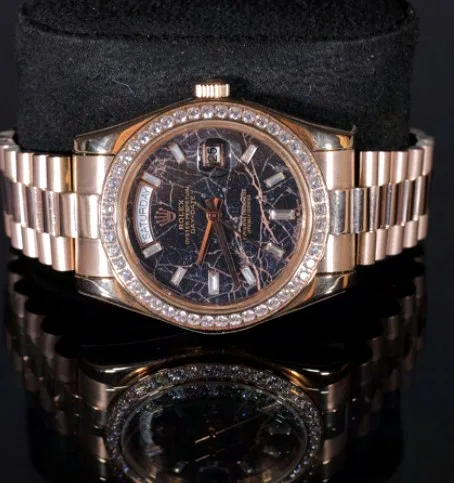Stone-Bezel Dress Watch — Rose Gold, Patterned Dial