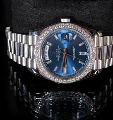 Stone-Bezel Dress Watch — Blue Baton Dial, Silver