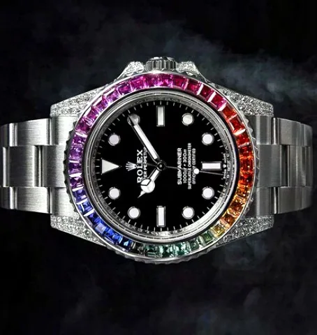 Dive-Style Watch — Black Dial, Rainbow Baguette Bezel