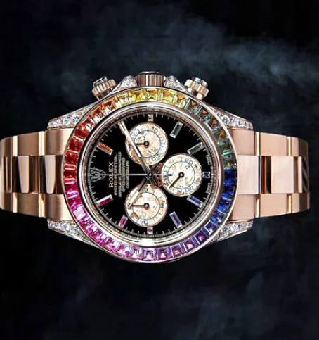 Chronograph Watch — Rose Gold, Rainbow Baguette Bezel