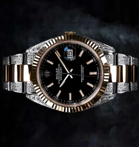 Two-Tone Rose Bracelet Watch — Black Baton Dial, Iced Center Links