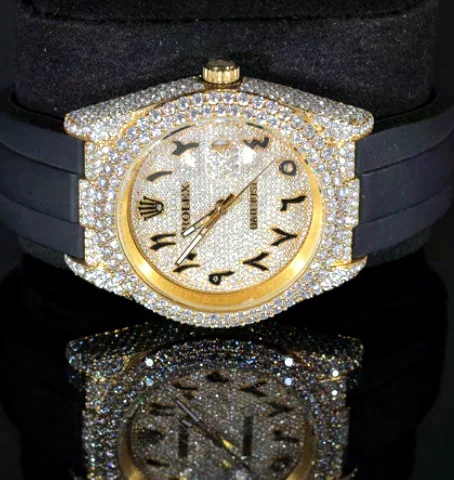 Iced Cushion Case Watch — Gold Arabic Dial, Rubber Strap