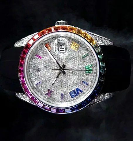 Iced Watch — Pavé Dial, Rainbow Baguette Bezel, Colored Markers