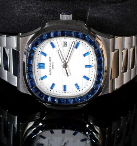 Cushion Sport Watch — White Dial, Blue Baguette Bezel
