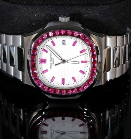 Cushion Sport Watch — White Dial, Pink Baguette Bezel